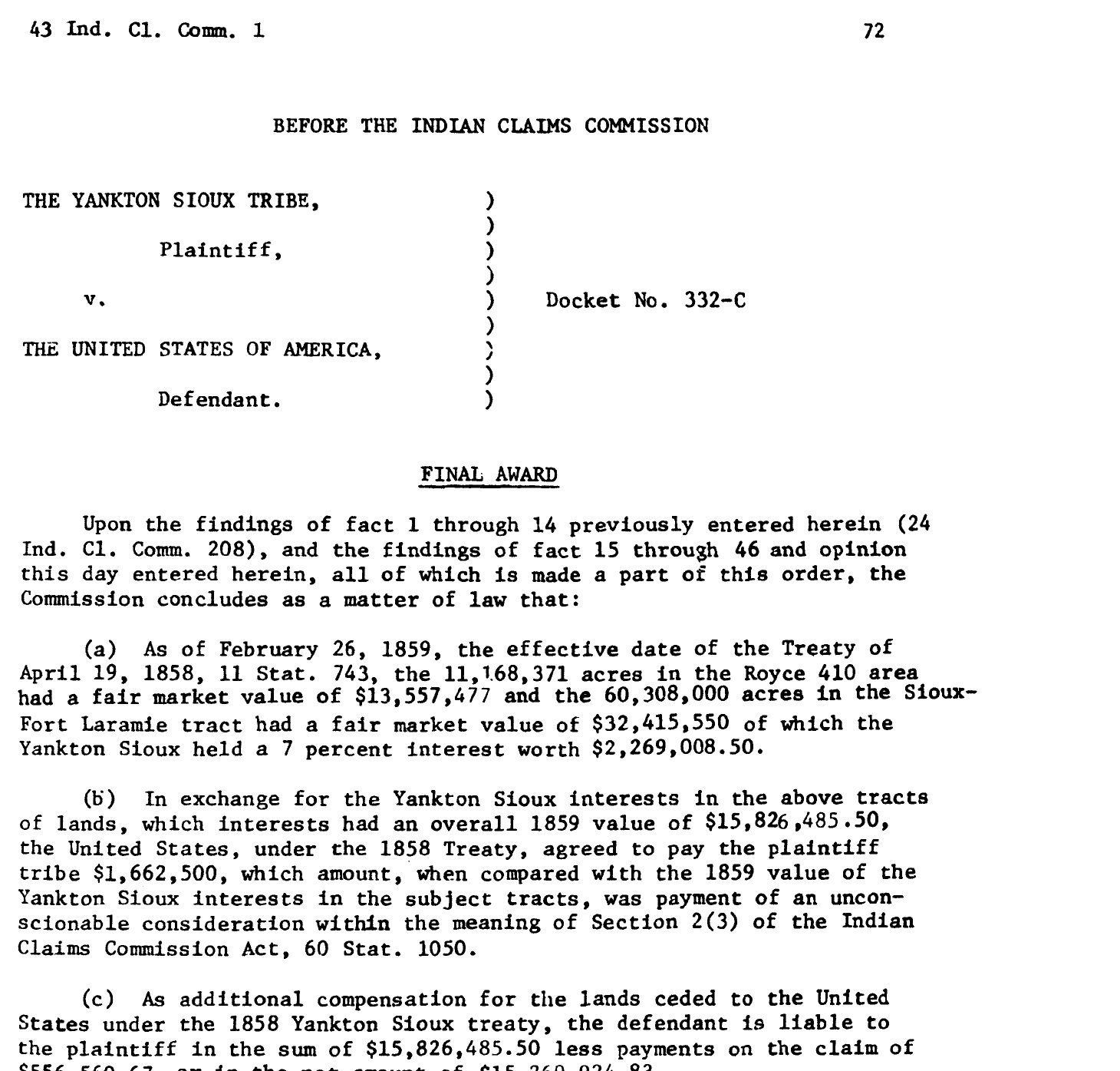 The Indian Claims Commission final award in docket 332-C, 31 August 1978