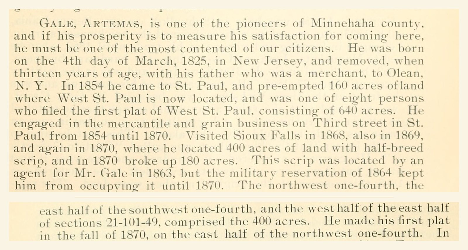 Bailey's sketch of Artemas Gale, History of Minnehaha County, pages 537 and 538