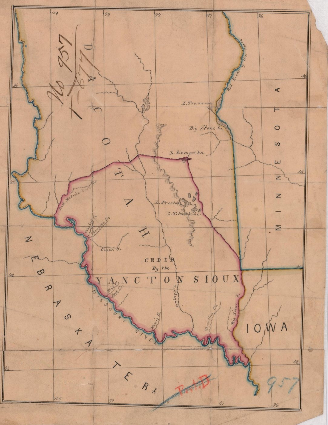 Office of Indian Affairs map of the land ceded by the Yankton Sioux, about 1858