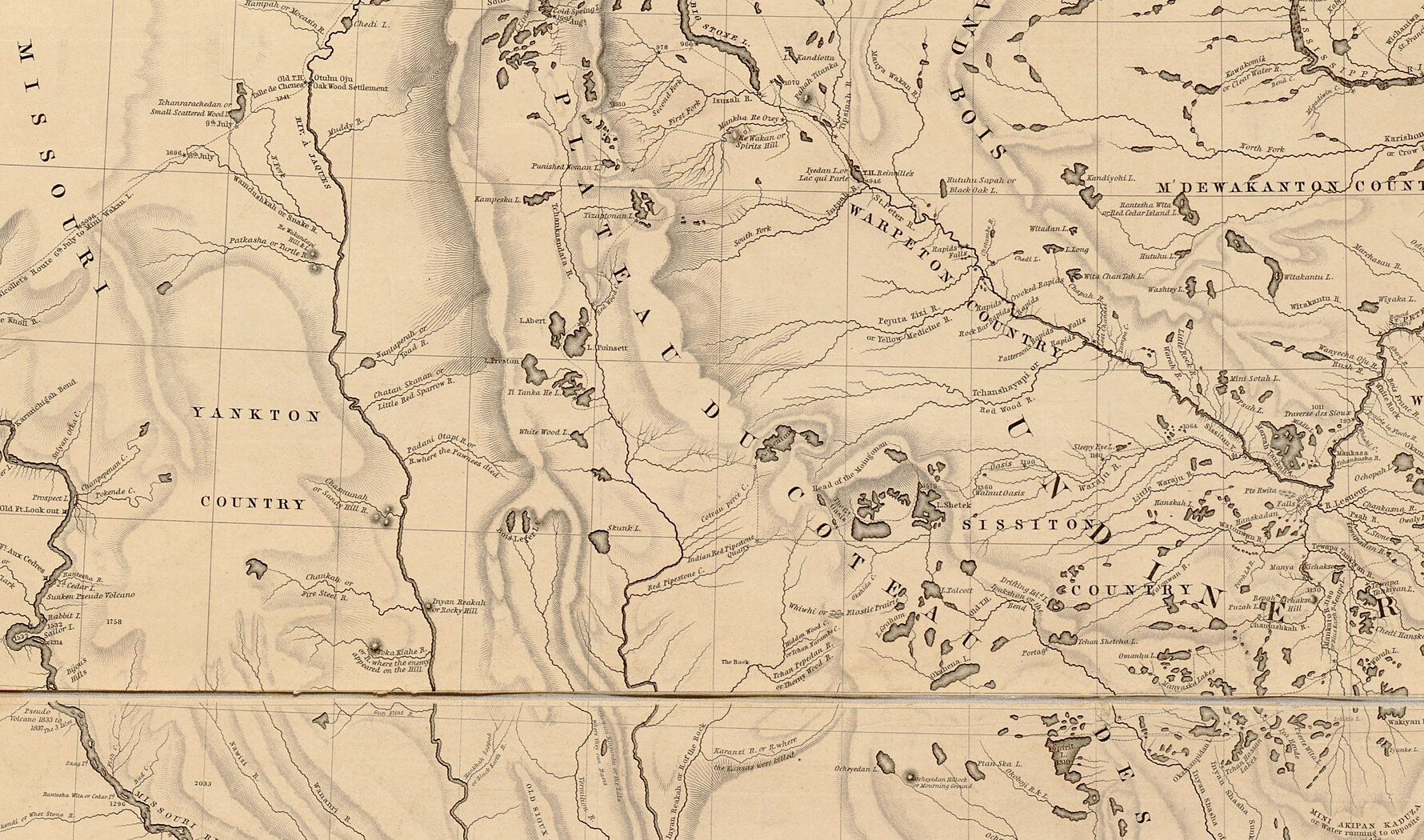 Nicollet's 1843 map of the upper Mississippi basin, showing Yankton, Sisseton, Wahpeton and Mdewakanton country