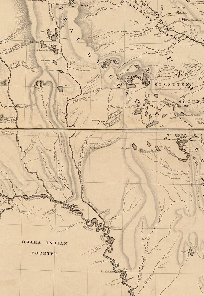 The Big Sioux on Nicollet's 1843 map, lettered Tchankasndata River