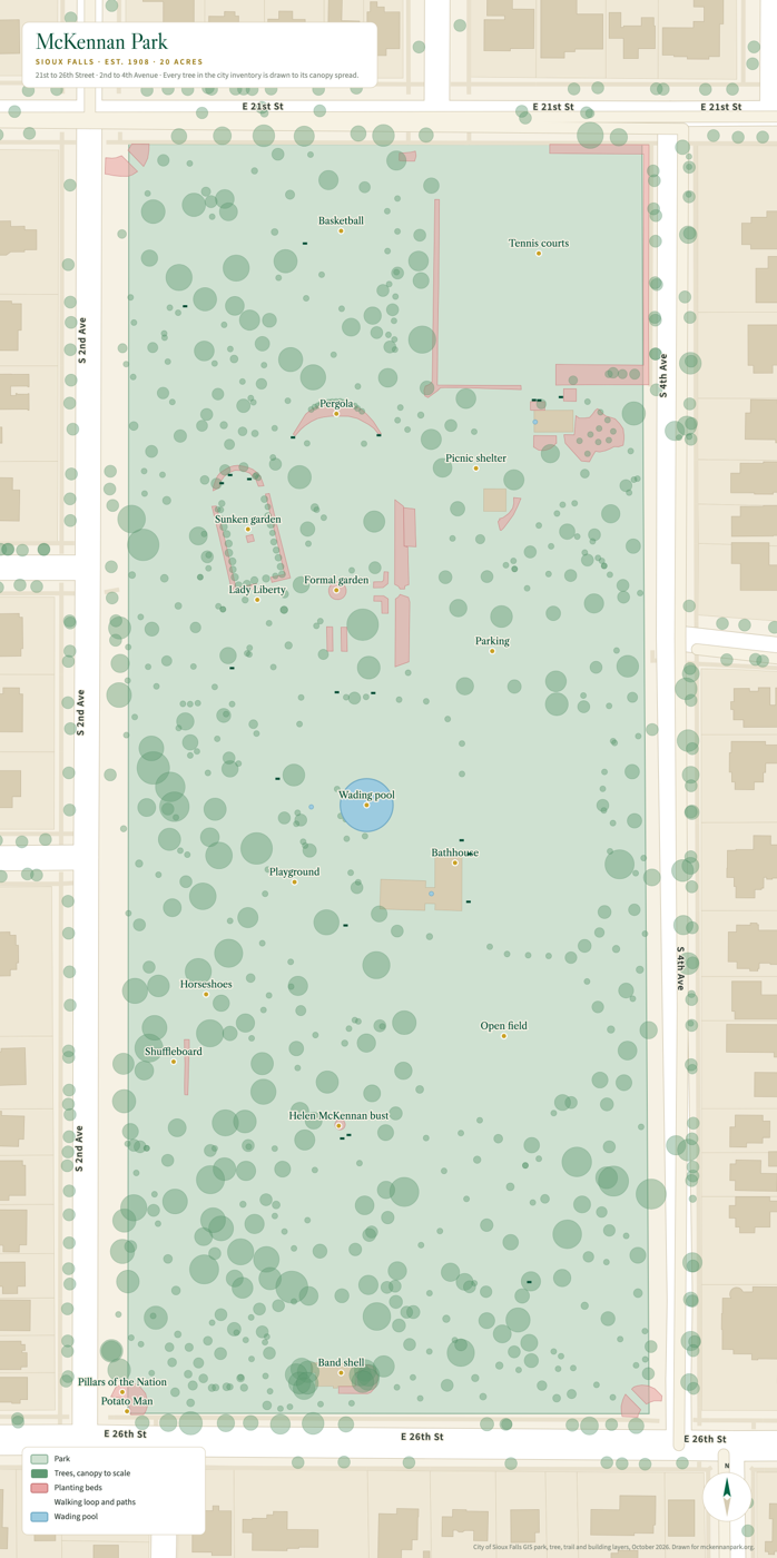 Map of McKennan Park drawn from city GIS: trees to canopy scale, pool, gardens, courts, band shell
